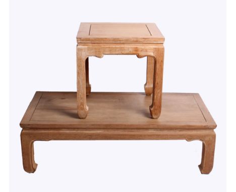 A Chinese blonde wood rectangular coffee table with scroll legs, h: 35cm, w: 118cm and a similar square top table, h: 51cm