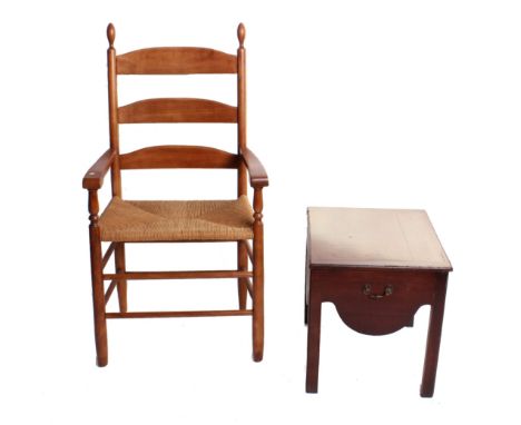 A Shaker style open armchair in beech with woven seat and a Victorian mahogany box commode 