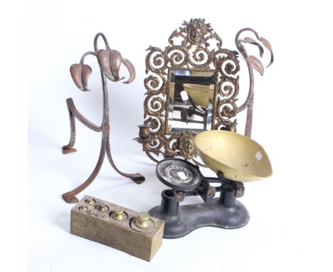 A mixed lot to include; scoop scales with weights, a pair of steel andirons, a wall mirror, and china etc.