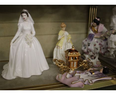 A Coalport figure; HRH Princess Margaret limited edition, a Worcester figure First Dance 3629, a model of a ceremonial coach 