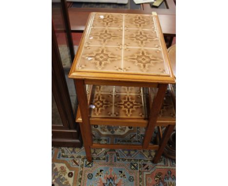 A pedestal wine/lamp table and two tile top occasional tables