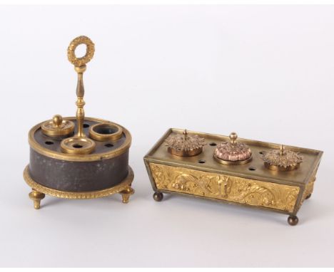 A French Empire bronze ink stand of rectangular form with three divisions (W: 17.5cm), together with a French Empire ink stan
