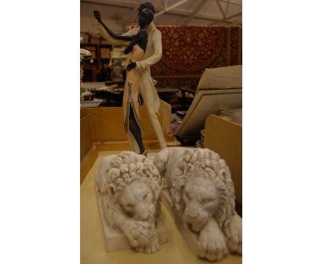 A Florence ceramic sculpture, G Armani, Tango Dancers h: 45cm and a pair of reconstituted stone Canova Lions (Revival Art Co.