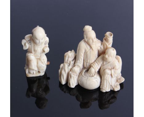 A small Japanese ivory group of two figures around a pot and another Netsuke of a crouching man, both with losses and damage 