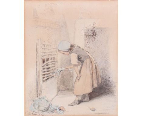 English SchoolA young girl doing choresWatercolourIndistinctly signed lower left and dated 69, 27 x 21cmTogether with a 19th 
