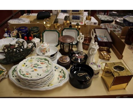 Mixed lot: Five modern decanters with gilt metal tops and labels, a triple sand timer, assorted china and metal ware