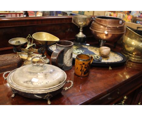 Metalware, including scoop scales, silver plate and trophy cups together with an oval Chinese tray