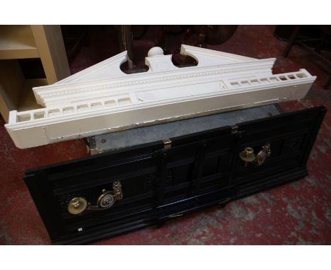 A metal trunk, a painted broken arch architectural shelf/pediment and a good panel from a piano incorporating two brass candl