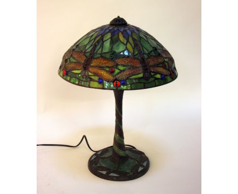 A Tiffany style dragonfly design glass table lamp with shade, height 50cm (sold as parts)