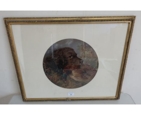After Landseer, Retriever with a Pheasant, colour print, circular D30cm 