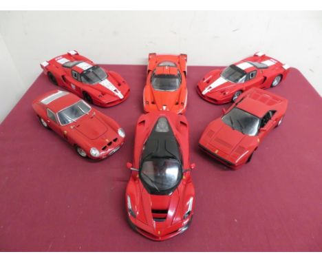 Six Hot Wheels 1:18 scale models of Ferrari sports cars 