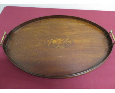 Edwardian oval mahogany tea tray with shell inlaid oval panel 