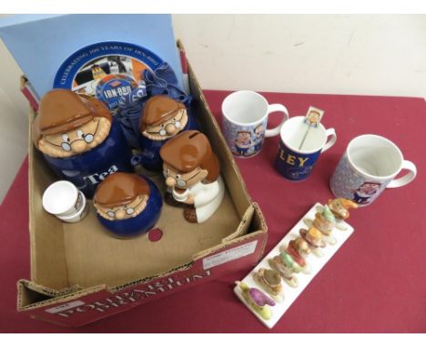 Wade Tetley Tea small teapot, sugar bowl, and tea caddy, three Tetley Tea mugs and two eggcups, Wedgwood 100 Years Of Irn-Bru