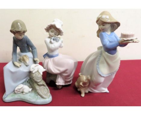 Nao figure of a girl with three rabbits, model of a girl seated with a puppy and another with a puppy and a cake (3) 