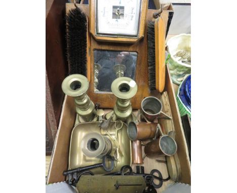 Pair of 19th C brass candlesticks with knopped stems, square bases with canted corners, Victorian chamber stick, keys, spirit