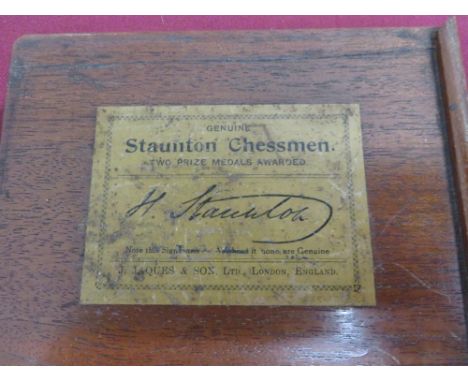 Mahogany cased Staunton chessman set (British Chess Company), the box with paper trade label to the top containing complete b