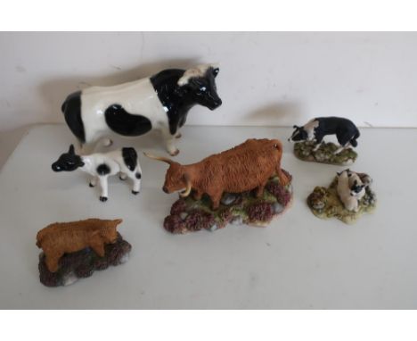 Teviotdale Highland Cow &amp; Calf, dog and two lambs, some with boxes and a ceramic model of a Friesian cow and calf (6) 