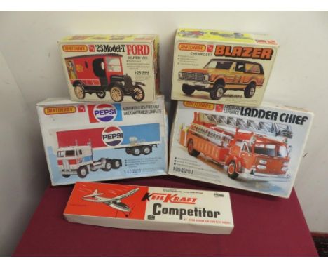 Matchbox 1:43 scale model kit of Pepsi Cola Kenworth 123 truck and trailer, Matchbox 1:22 scale model of f Fire Chief Ladder 