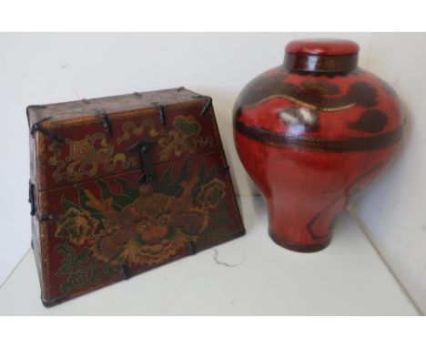 Chinese lacquered style rectangular tapering box, decorated with a dragon, with two metal handles and clasp (45cm x 34cm x 23