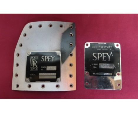Rolls Royce Spey alloy plaque, serial no. 20150, and another JLPAU238, and a inter changeable panel from a Phantom (3) 