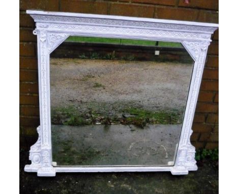 Victorian carved wood and white washed over mantle mirror on ceramic bun feet W105cm H90cm 
