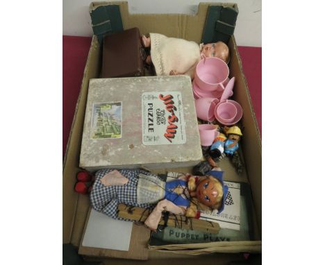 1960's Pelham Puppet, wooden jigsaw and a small selection of toys 