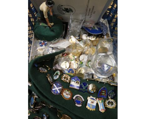 Large collection of Bowling club enamel badges, some foreign, English etc, two bowling glasses and a model of a bowler