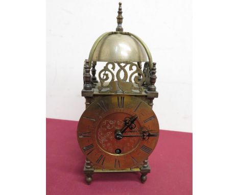 Brass lantern clock with turned top final and striking movement stamped Astral of Coventry 23751 (H28cm) 