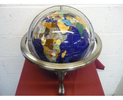 Multi gemstone desk globe, on brass base with compass H24cm 