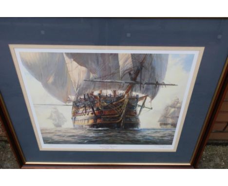 Framed and mounted print "Victory and Squadron in Light Airs" by Jeff Hunt, limited edition no. 415/850, signed by the artist