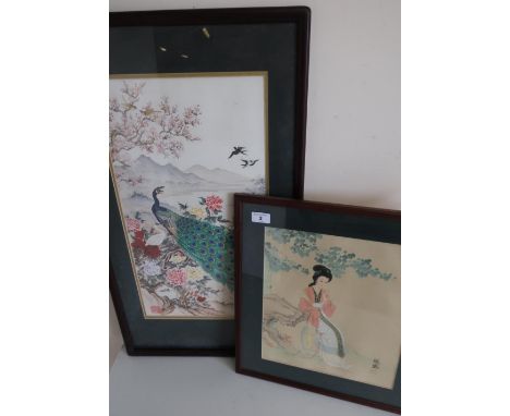 Early 20th C framed &amp; mounted Japanese print of a seated lady with signature panel, and another similar of a peacock (2) 