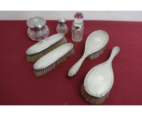 Two pairs of Geo. V engine turned silver hallmarked hairbrushes, Birmingham 1925, cut glass dressing table jar with hallmarke