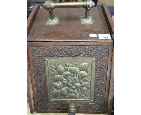 Edwardian beech coal box with carved slope front and embossed brass panel, and a 19th C copper and brass warming pan with tur
