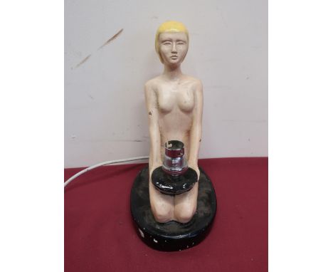 Art deco painted plaster cast table lamp in the form of a naked kneeling lady H26cm 