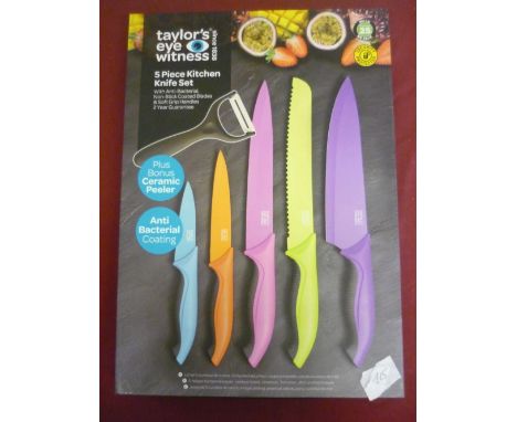 Boxed as new Taylor Eyewitness five piece kitchen knife set and peeler, and four piece cheese knife set 