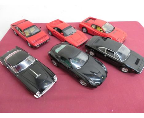 Six Hot Wheels 1:18 scale model Ferrari racing cars 