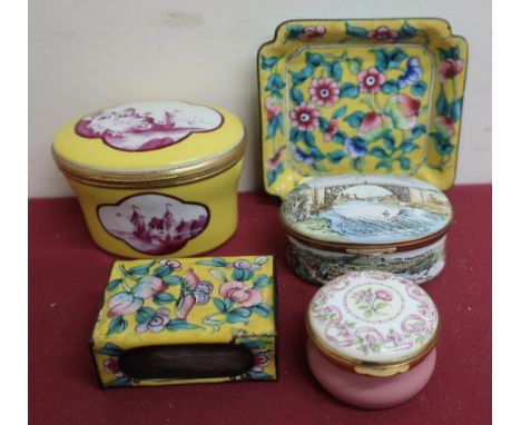 Two enamel Crummles pill type boxes with hinged lids, enamel floral pattern vesta, continental gilt and metal dressing table 