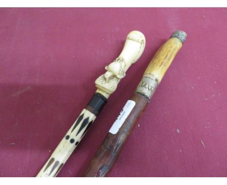 Late 19th C indian bone walking stick, inset with hardwood, ivory handle carved with dead bird L2cm, a country made walking s