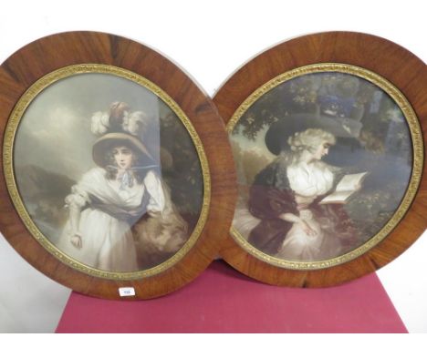 Pair of oval portrait mezzotint prints of ladies, in rosewood frames with gilt slip, Arthur Ackermann associated gallery labe