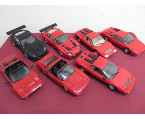 Seven Kyosho 1:18 scale model Ferrari sports cars, with four boxes (7) 