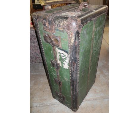 Early 20th C metal bound wardrobe trunk, with P&amp;O and Peninsula and Oriental Steam Navigation Company travel labels (104c