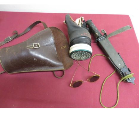 Gas Mask marked No268abr-12 in leather case, an American style survival knife with screw top grip in plastic scabbard and a p