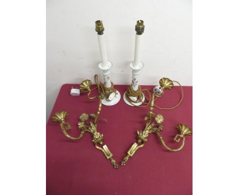 Pair of ceramic table lamps decorated with roses (H42cm) and a pair of gilt metal two branch wall brackets (H40cm) (4) 