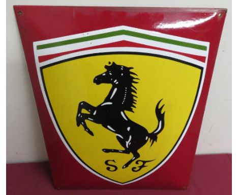 Red Ferrari enamel wall sign, with prancing horse in shield on yellow ground (49cm x 50cm) 