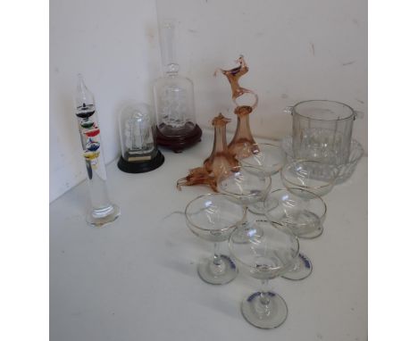 Galileo thermometer in box, glass model of a three masted ship in a bottle, another under dome, six Babycham glasses, a glass