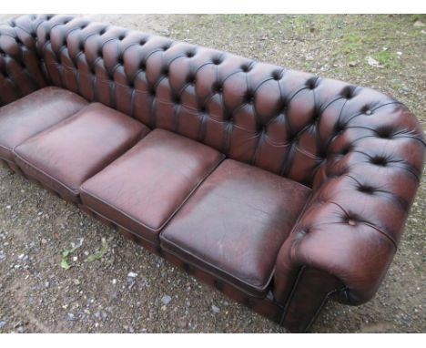 Large brown leather Chesterfield sofa with deep button back and arms, and four seat cushions W230cm D82cm H73cm 