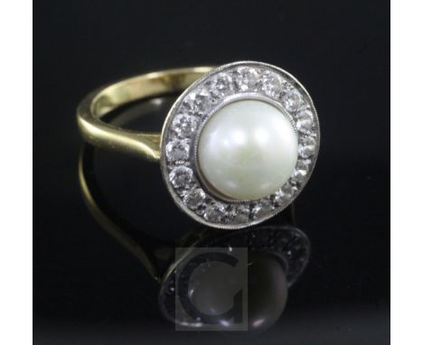 An 18ct gold mabe pearl and diamond cluster circular dress ring, size M.