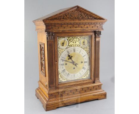 A late Victorian oak bracket clock with architectural case and three train W&H movement H.21in.