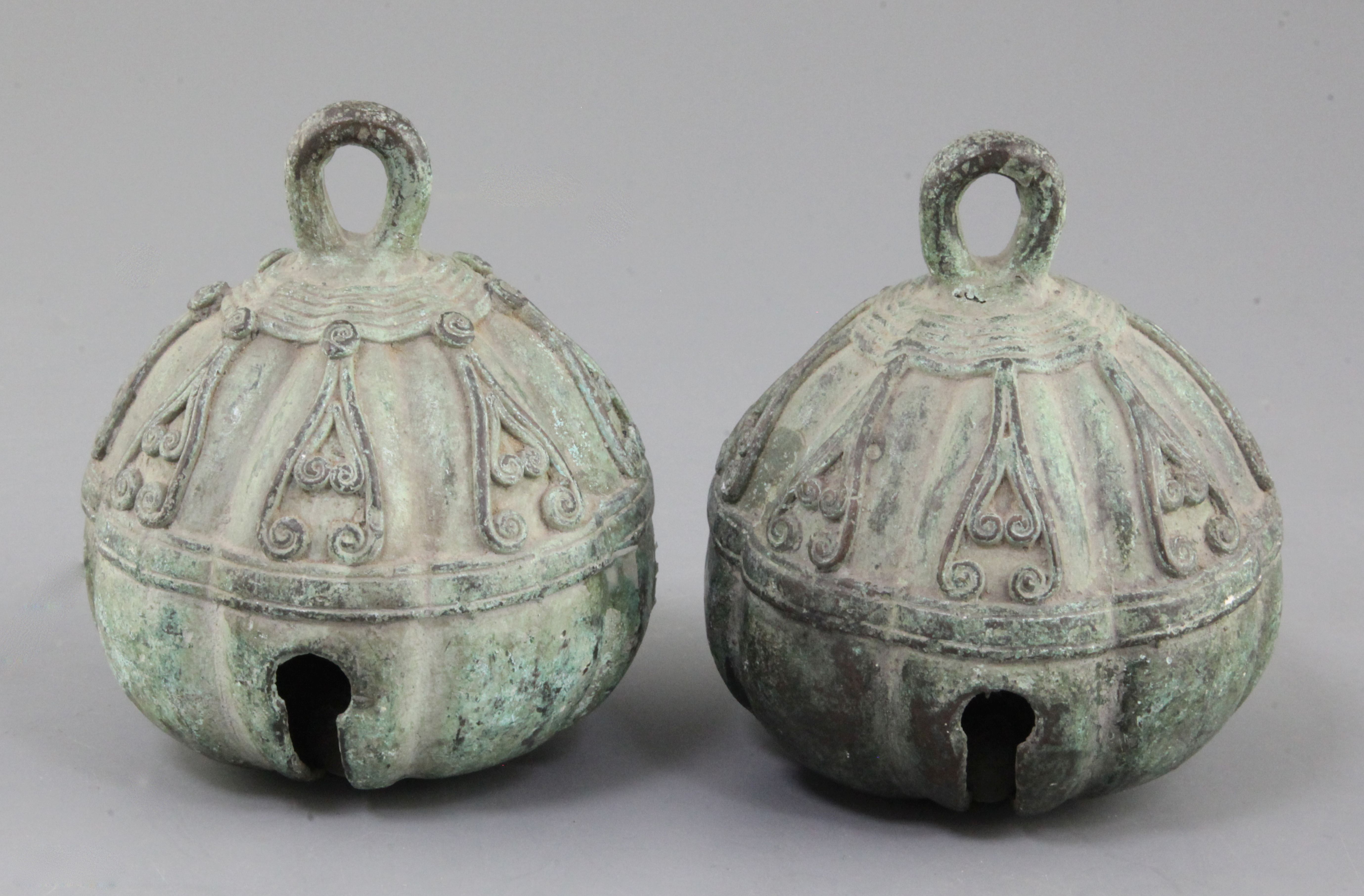 A pair of Chinese bronze bells, possibly Tang dynasty, brown patina ...