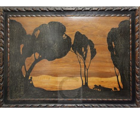 A Rowley Gallery marquetry panel, depicting a figure beneath trees and a wolf pack, 20 x 30in. plus frame